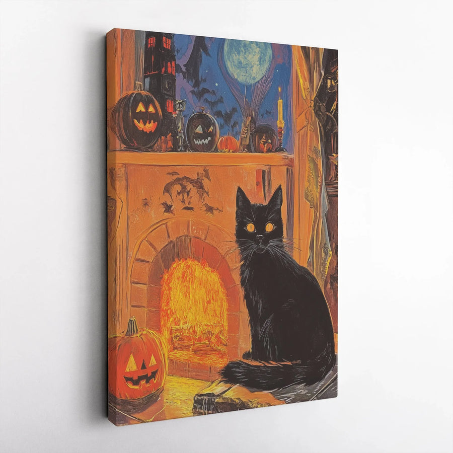 Spooky Black Cat Canvas Wall Art | Vintage Halloween Fireplace Scene | Premium Gallery Wrapped Canvas | Halloween Home Decor Gift
