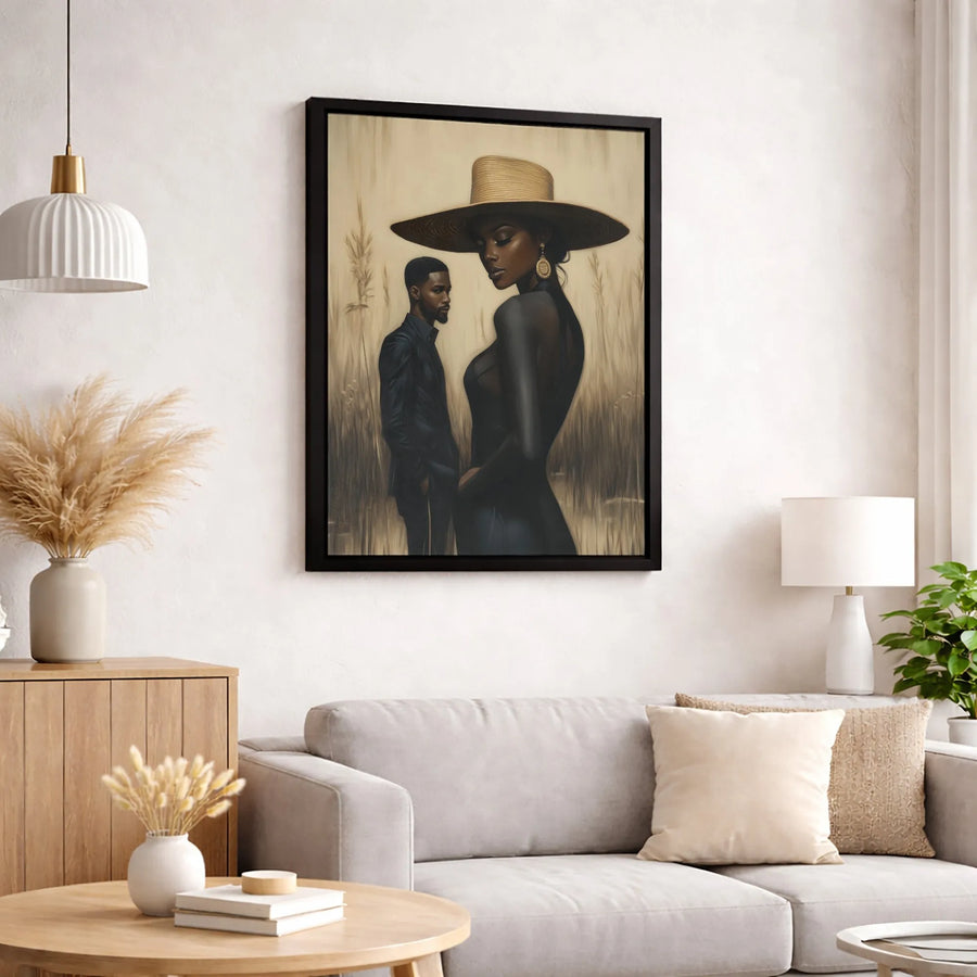 Black Couple Wall Art | Elegant Man and Woman in Straw Hat | Premium Gallery Wrap Canvas | Sophisticated Modern Home Decor Gift