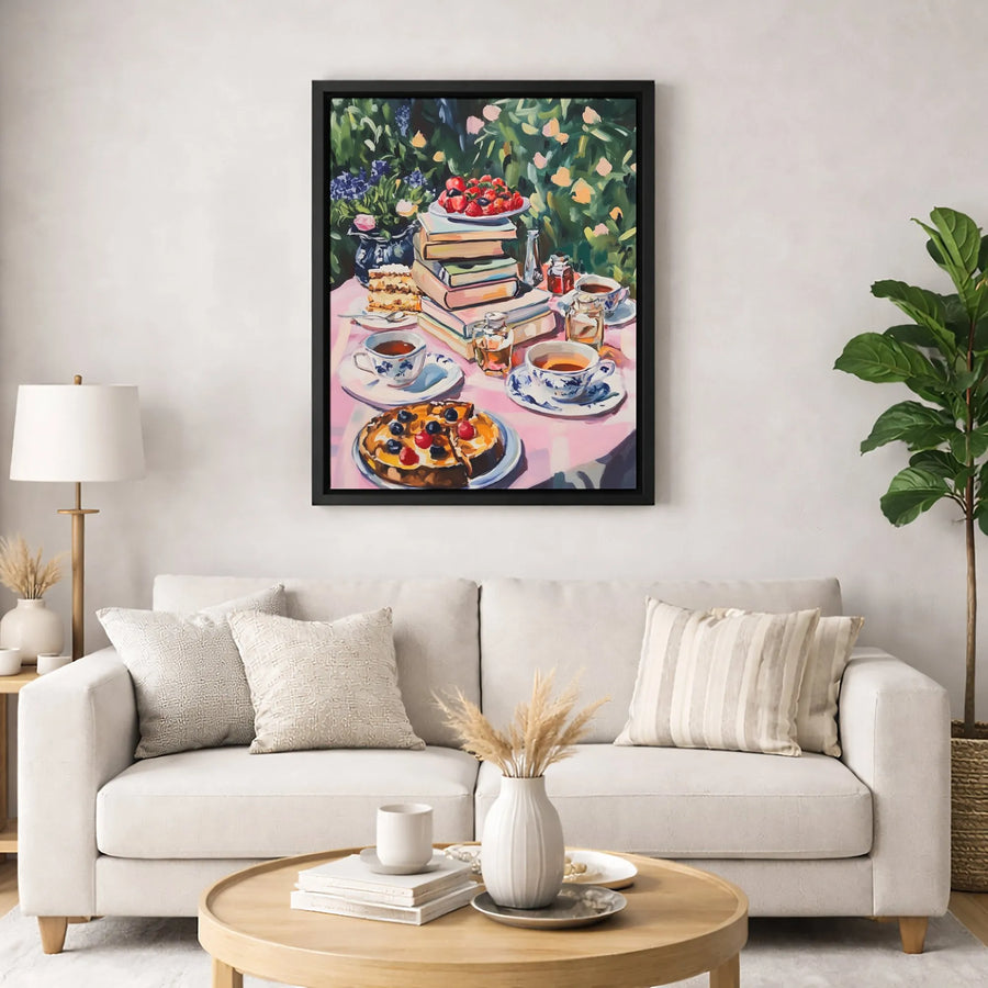 Afternoon Tea Garden Wall Art | Still Life Books and Berries Painting | Premium Gallery Wrap Canvas | Cozy Cottagecore Home Decor Gift