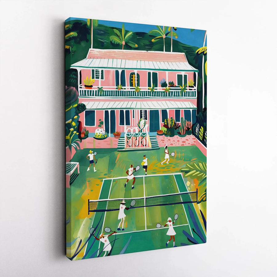 Tennis Court Canvas Wall Art | Pink Tropical Villa Painting | Premium Gallery Wrap Print | Gift for Tennis Player and Sport Decor Lovers