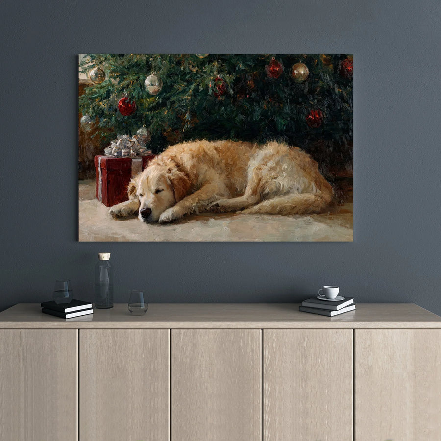 Sleeping Golden Retriever Canvas Art | Christmas Tree Oil Painting Style | 1.25-Inch Gallery Wrap | Cozy Dog Lover Holiday Home Decor Gift