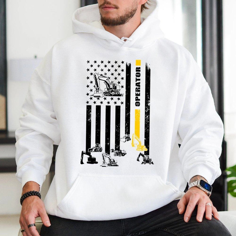 Excavator Operator Hoodie | Distressed American Flag Heavy Equipment Design | Premium Cotton-Poly Blend | Patriotic Gift for Construction Workers