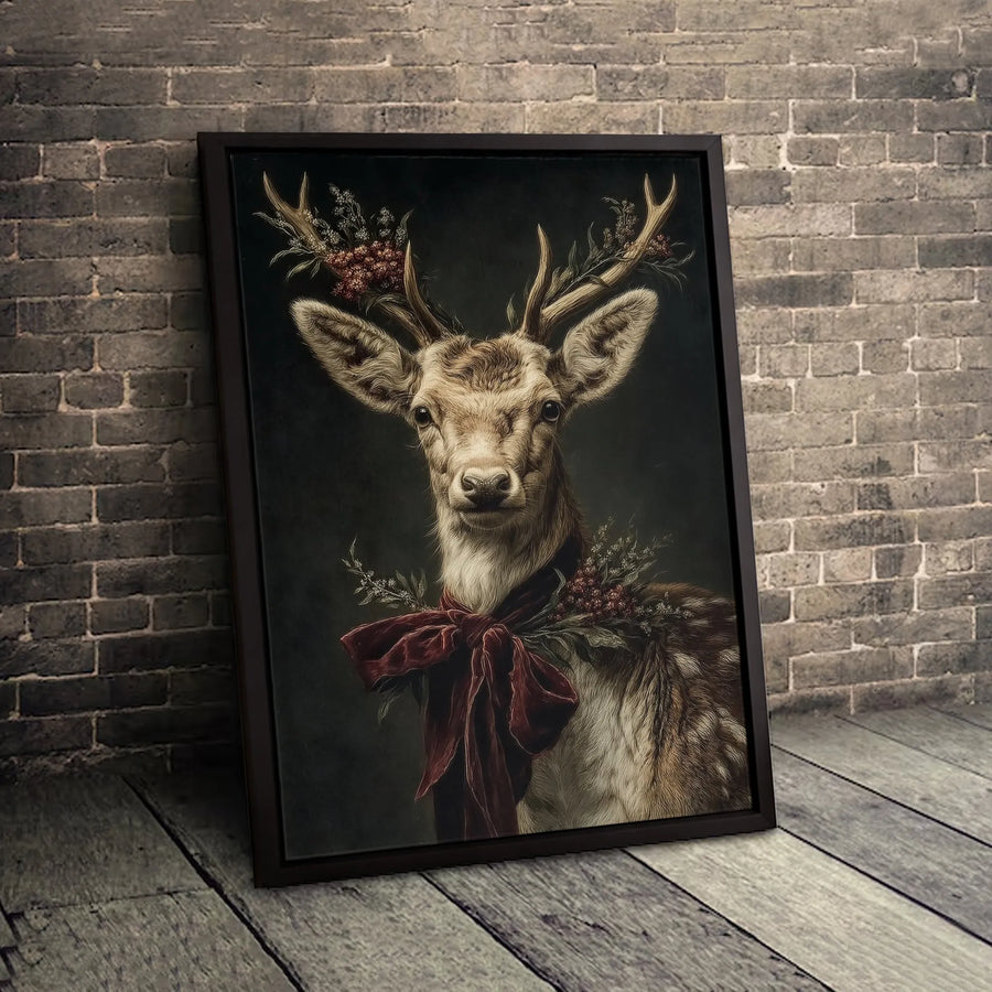 Christmas Reindeer Wall Art | Festive Deer Portrait with Red Velvet Bow | Premium Gallery Wrapped Canvas | Winter Holiday Home Decor Gift