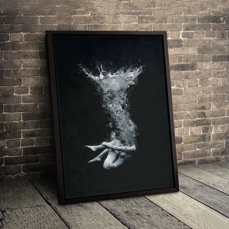 Abstract Underwater Figure Canvas Print | Modern Black and White Splash Art | 1.25-Inch Gallery-Quality Profile | Atmospheric Home Decor Gift