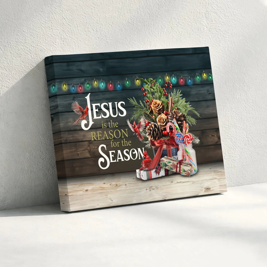 Christian Christmas Canvas | Jesus Is The Reason For The Season Wall Art with Cardinals | Premium High-Resolution Print | Religious Holiday Home Decor Gift