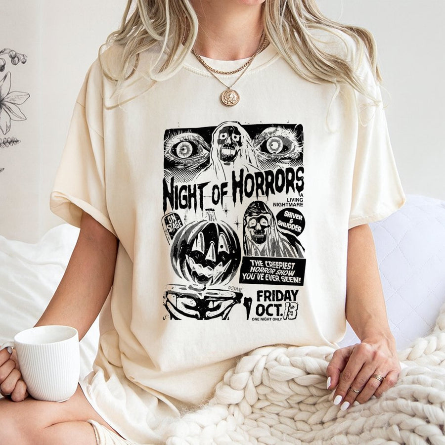 Night Of Horrors T-Shirt | Vintage Horror Movie Poster Graphic | 100% Premium Cotton | Spooky Halloween Gift for Horror Movie Fans