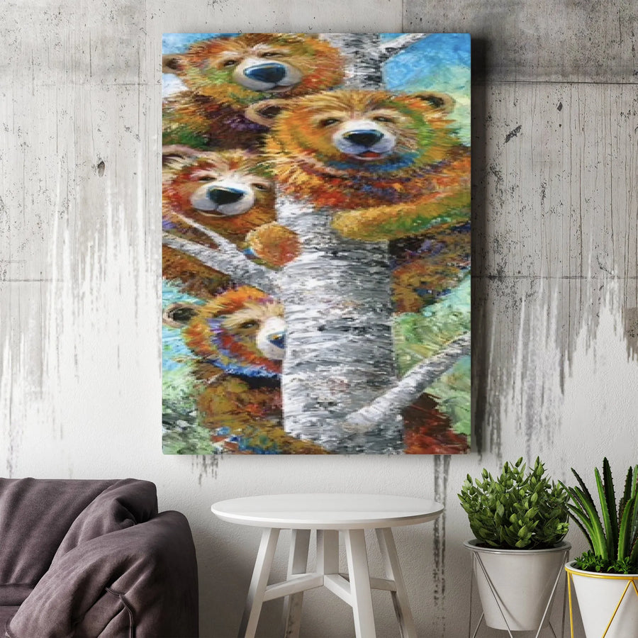 Bear Family Tree Vertical Canvas | Vibrant Bear Painting Wall Art | Premium Canvas Print | Family Home & Cabin Decor Gift