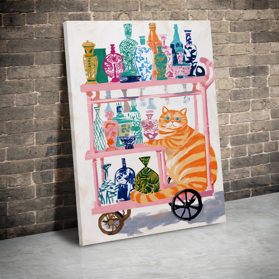 Orange Tabby Cat Wall Art | Whimsical Bar Cart Illustration | Premium Gallery Canvas | Cute Maximalist Home Decor Gift