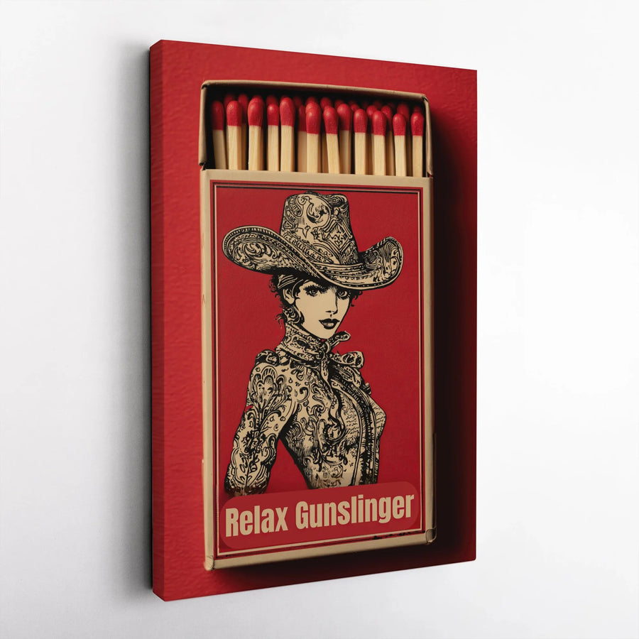 Relax Gunslinger Wall Art | Vintage Cowgirl Matchbox Design | Premium Gallery Wrap Canvas | Western Decor for Home or Office