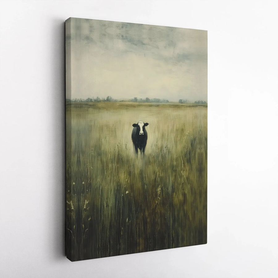 Rustic Cow Painting Canvas Print | Vintage Farmhouse Cow Portrait in Field | Premium Gallery Wrapped Canvas | Modern Farmhouse Living Room Decor Gift
