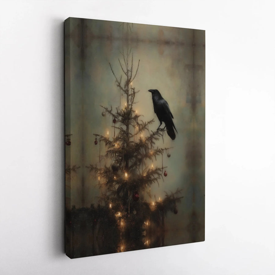 Gothic Christmas Tree Canvas Art | Dark Academia Raven Wall Decor | Premium Stretched Gallery Wrap | Unique Spooky Holiday Gift for Home