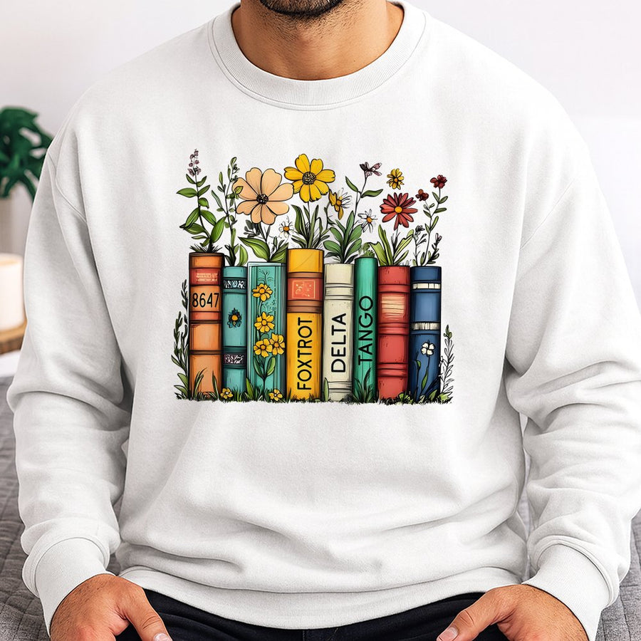 Floral Book Stack Sweatshirt | 8647 Delta Tango Aesthetic | Soft Cotton Blend Crewneck | Feminist Protest Gift for Readers