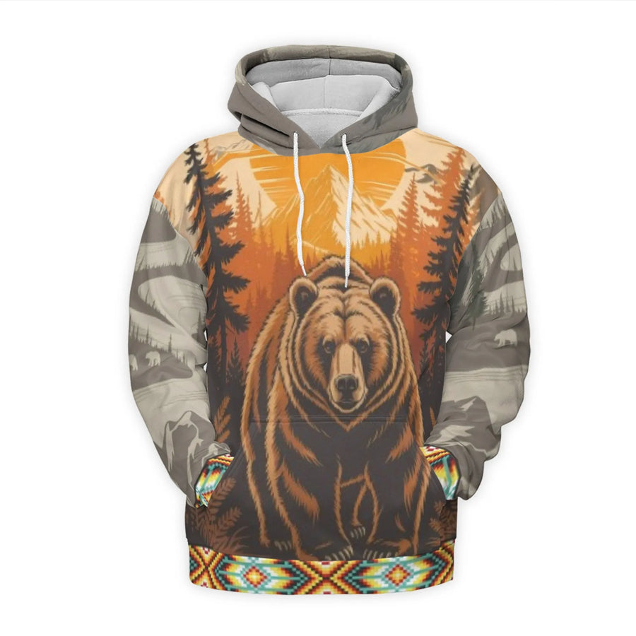 Grizzly Bear Hoodie | Mountain Forest Sunset Print | Premium Brushed Fleece Lining | Wildlife Nature Lover Gift