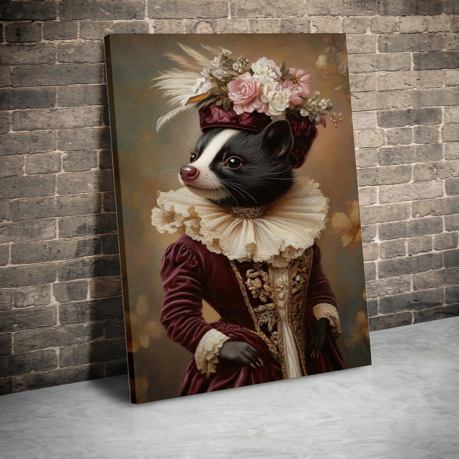 Regal Skunk Wall Art | Victorian Era Portrait in Floral Hat | Premium Gallery Wrap Canvas | Whimsical Animal Home Decor Gift