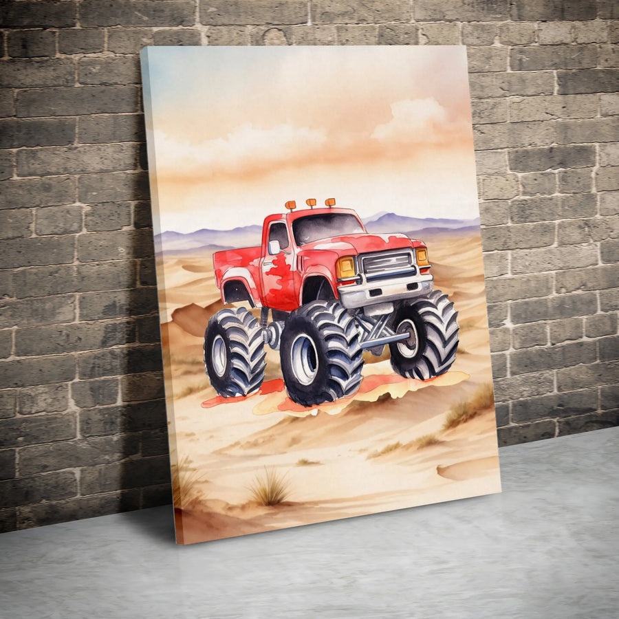 Monster Truck Canvas Wall Art | Red Off-Road Desert Painting | Premium Gallery Wrap Decor | Kids Bedroom Gift for Boys