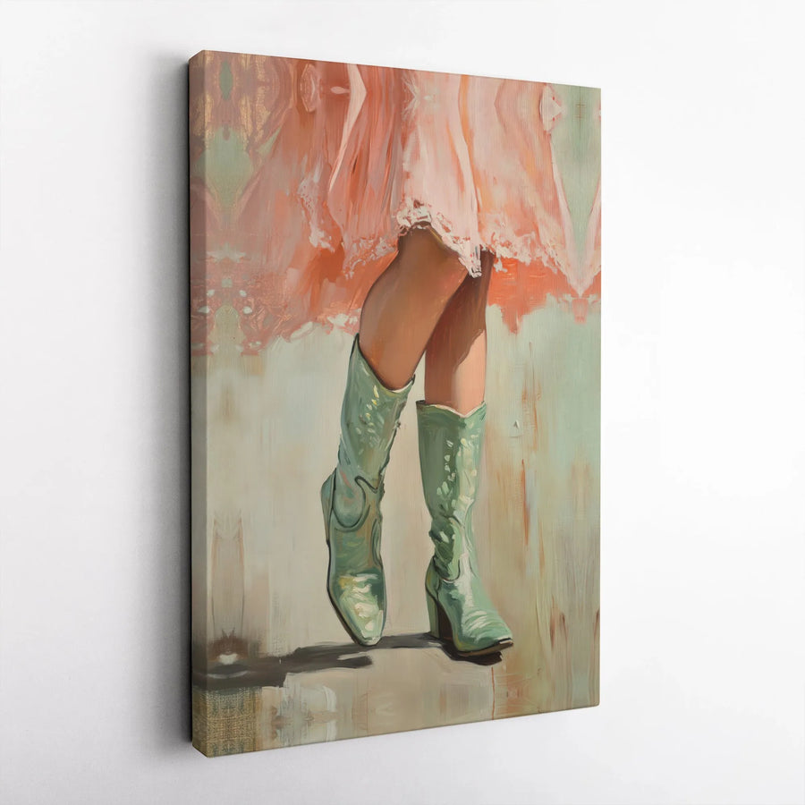 Cowgirl Boots Canvas Wall Art | Mint Green Boots & Pink Dress Painting | Premium Thick Canvas | Modern Western Decor Gift for Her