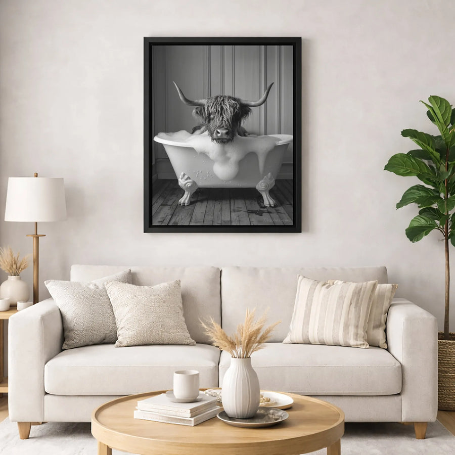 Highland Cow In Bathtub Wall Art | Funny Farmhouse Bathroom Decor | Premium Fade-Resistant Canvas | Unique Gift For Cow Lovers