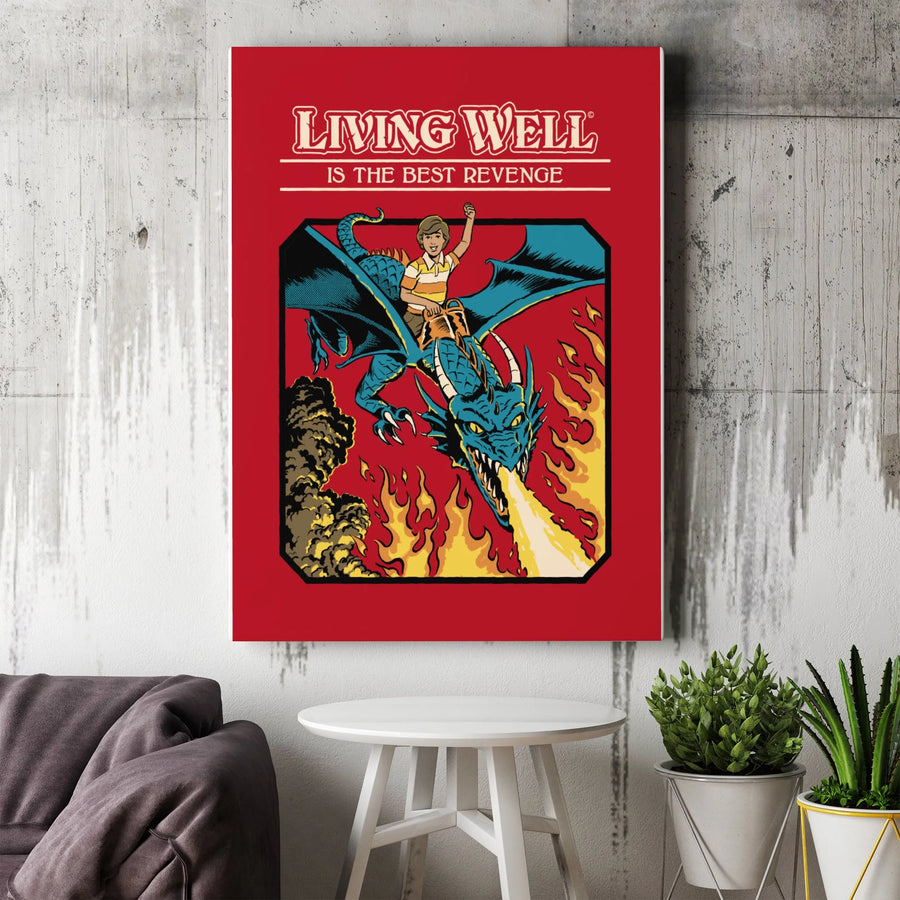 Living Well Is The Best Revenge Canvas | Vintage Dragon Rider Comic Art | Premium Fade-Resistant Print | Motivational Wall Decor Gift