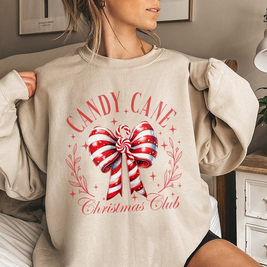 Candy Cane Christmas Club Sweatshirt | Festive Holiday Ribbon Graphic | Soft Cotton Blend | Cozy Gift for Women and Holiday Party Lovers
