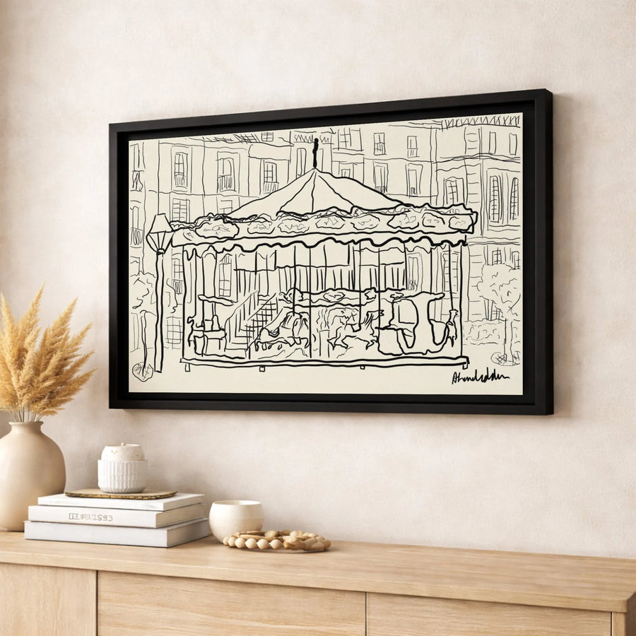 Carousel Line Art Canvas Print | Minimalist French Fairground Sketch | Gallery Wrapped 1.25" Profile | Modern Home & Office Wall Decor