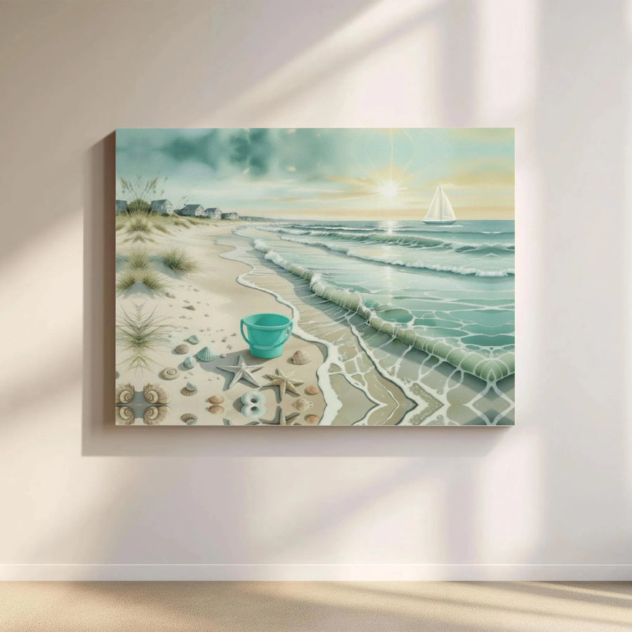 Coastal Beach Canvas Wall Art | Serene Sailboat Seascape with Seashells | Premium 1.25-inch Thick Gallery Wrap | Relaxing Decor for Home or Office Gift