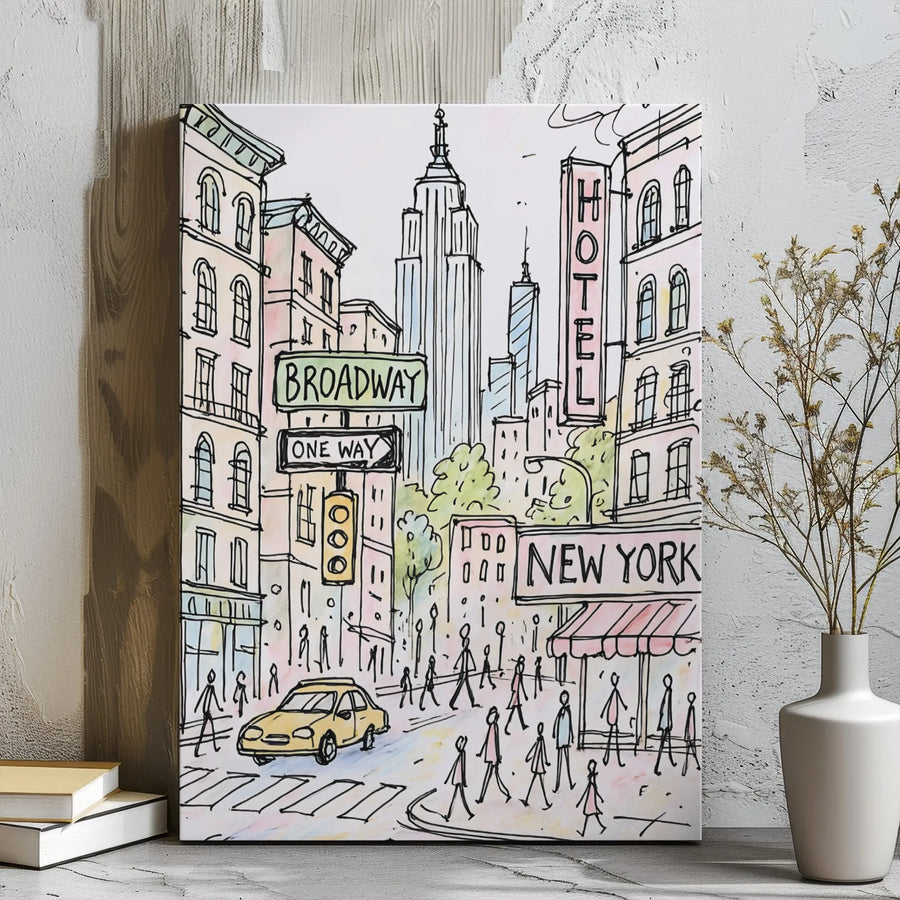 New York City Canvas Wall Art | Broadway Sketch with Yellow Taxi | Premium Gallery Wrap Decor | NYC Skyline Gift for Home Office