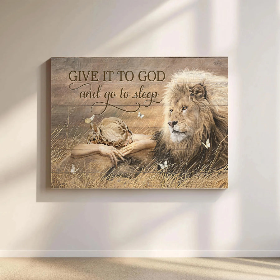 Give It To God And Go To Sleep Canvas | Christian Lion Wall Art | Premium Fade-Resistant Print | Spiritual Home Decor Gift