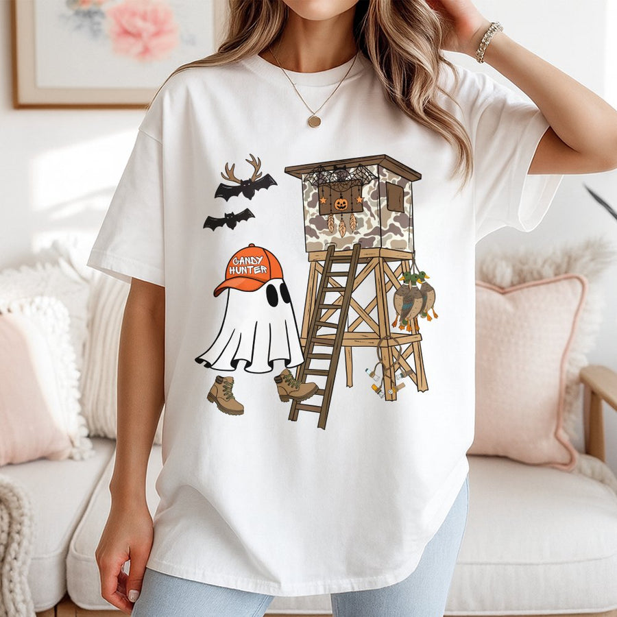 Candy Hunter Hunting Ghost T-Shirt | Camo Deer Stand Halloween Graphic | 100% Soft Cotton Premium Tee | Funny Spooky Outdoor Gift for Hunters