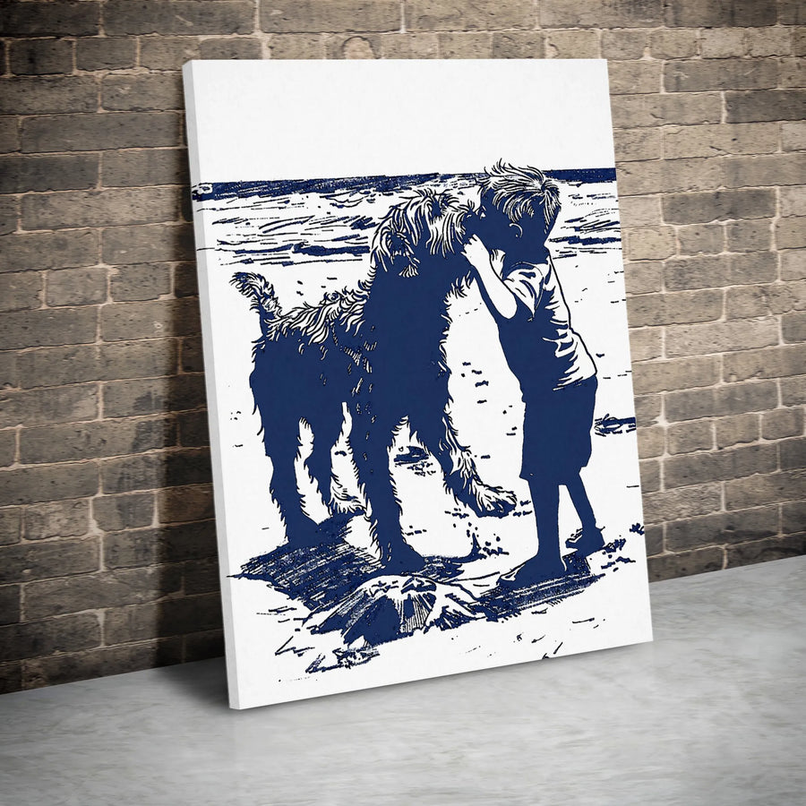 Boy and Dog Beach Art Print | Minimalist Blue Ink Sketch Style | Premium 1.25-Inch Canvas Gallery Wrap | Sentimental Nursery or Home Decor Gift