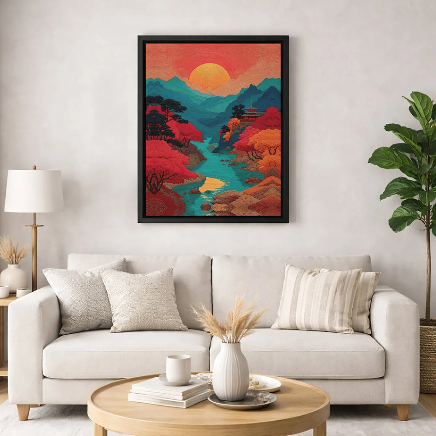 Japanese Landscape Canvas Art | Ukiyo-E Pagoda Autumn River Sunset | Premium Gallery Wrapped Decor | Zen Wall Art for Home or Office Gift