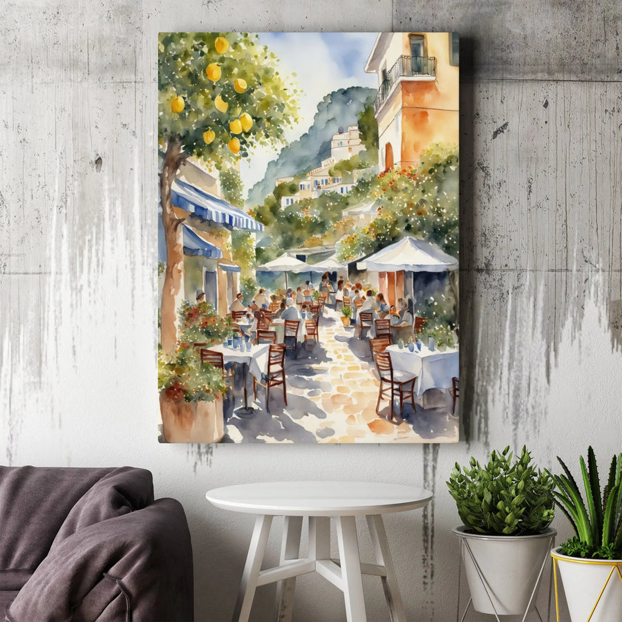 Italian Cafe Watercolor Canvas | Amalfi Coast Lemon Tree Art | Gallery Quality Framed Print | Mediterranean Home Decor Wall Art