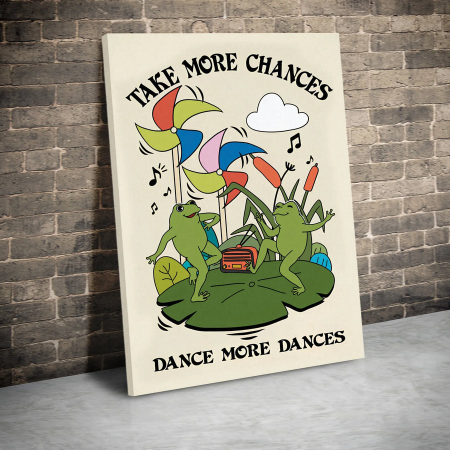 Dancing Frog Canvas Wall Art | Take More Chances Aesthetic Poster | Premium Gallery-Wrapped Print | Whimsical Retro Home Decor Gift for Frog Lovers