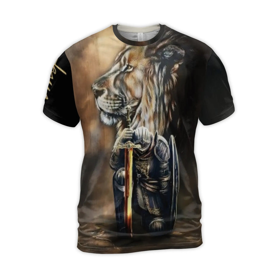 Armor of God T-Shirt | Kneeling Knight & Lion 3D Graphic Print | Premium Polyester Blend | Christian Faith Gift for Men & Women