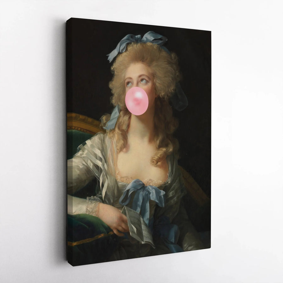 Classical Woman Portrait Canvas | Bubble Gum Pop Art Wall Decor | 1.25 Inch Gallery Wrap | Edgy Baroque Fine Art Gift for Home Office