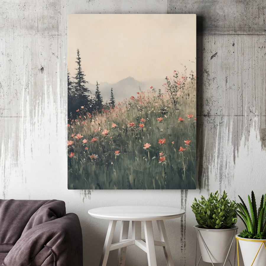 Wildflower Meadow Canvas Wall Art | Vintage Mountain Landscape Painting | Premium 1.25" Thick Gallery Canvas | Boho Farmhouse Home Decor Gift