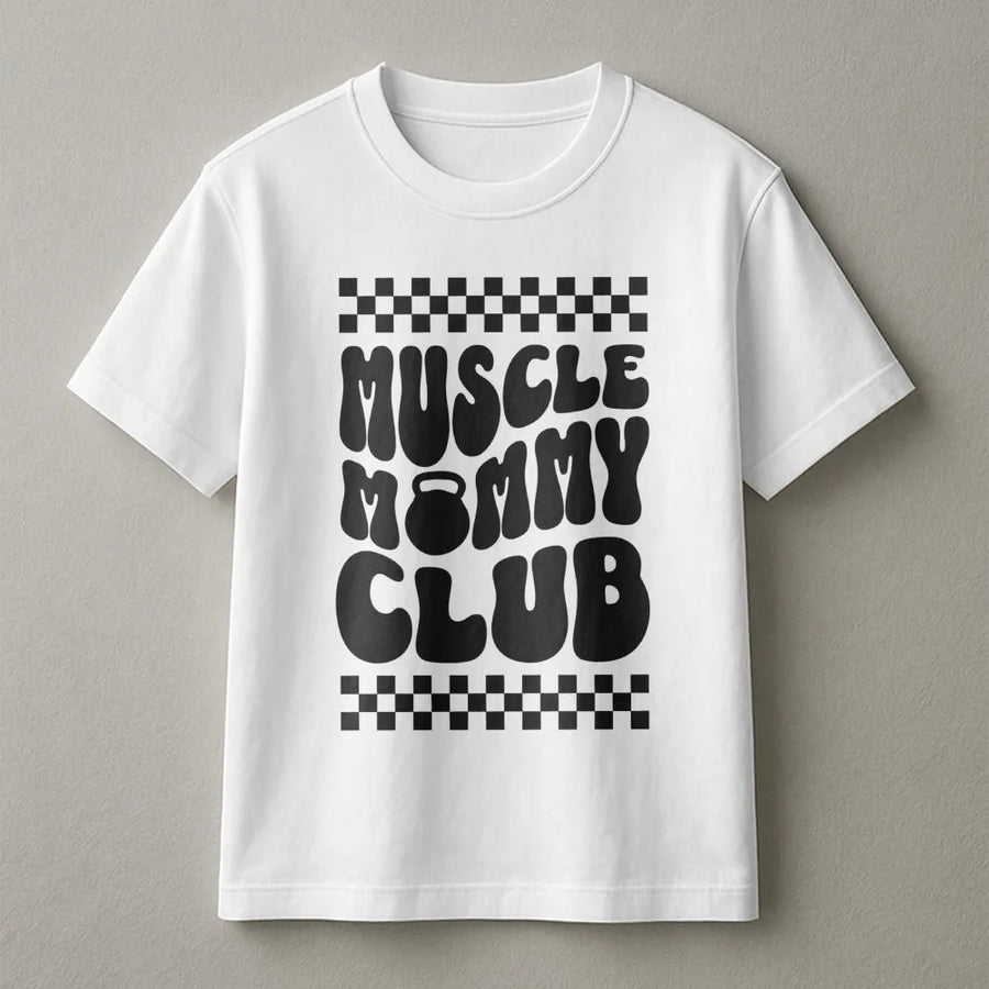 Muscle Mommy Club T-Shirt | Retro Checkered Gym Pump Cover | Premium Soft Cotton Graphic Tee | Funny Fitness Gift for Women Who Lift