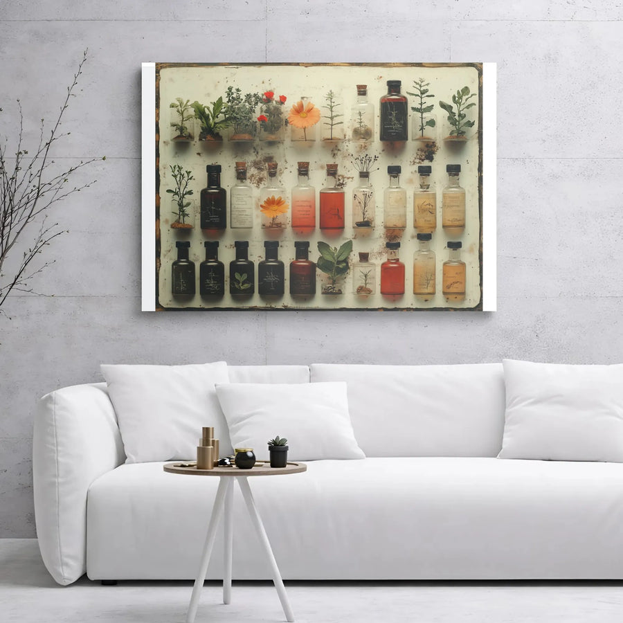 Vintage Botanical Apothecary Canvas | Pressed Flower Specimen Jars Print | Premium Gallery Wrap Wall Art | Farmhouse Home Decor for Nature Lovers