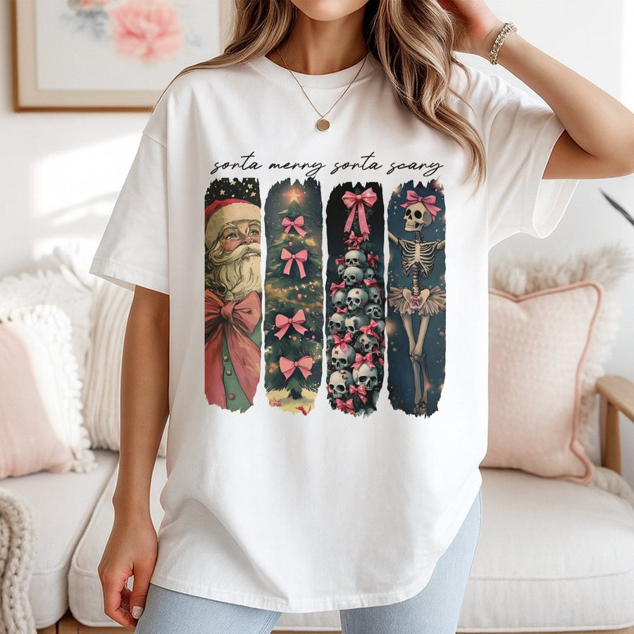 Sorta Merry Sorta Scary Christmas T-Shirt | Retro Spooky Aesthetic Graphic Tee | 100% Cotton Premium Quality | Unique Gift For Halloween Christmas Fans