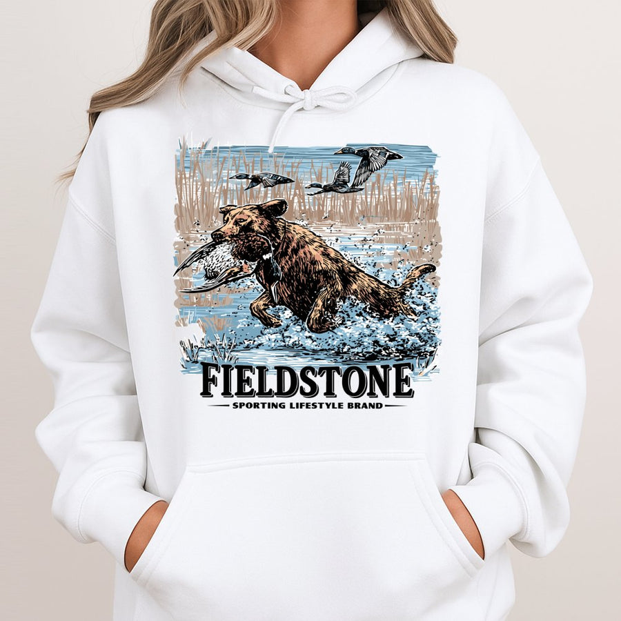Fieldstone Hunting Dog Hoodie | Waterfowl Duck Retrieval Graphic | Premium Cotton Blend | Gift For Outdoorsman And Duck Hunter
