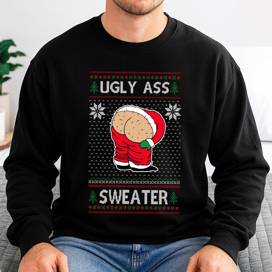 Ugly Christmas Sweatshirt | Funny Santa Butt Mooning Graphic | Unisex Premium Cotton Blend Crewneck | Hilarious Holiday Party Gift For Adults