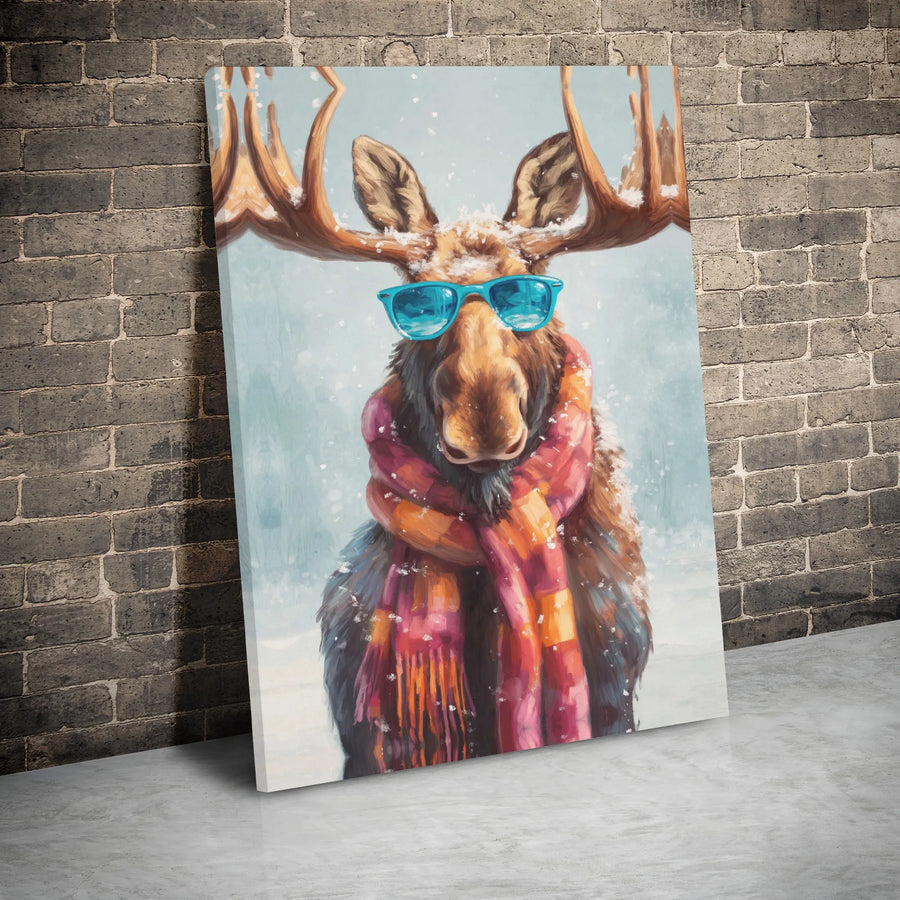 Moose Canvas Wall Art | Whimsical Winter Animal in Sunglasses | Premium Gallery Wrap Decor | Fun Modern Home & Office Gift