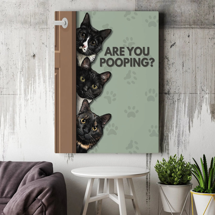 Are You Pooping Cat Wall Art | Funny Bathroom Sign with Three Peeking Kitties | 1.25-Inch Premium Gallery Canvas | Humorous Home Decor Gift for Cat Lovers