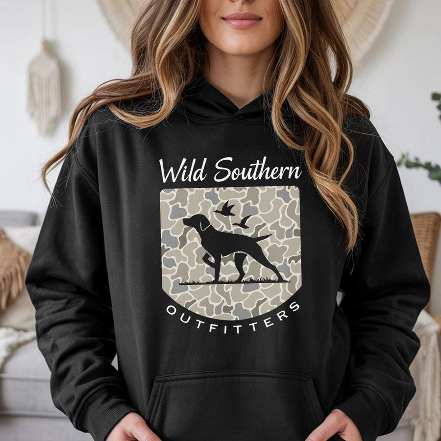 Hunting Dog Hoodie | Camo Southern Outdoor Design | Premium Cotton Blend | Gift For Hunters And Outdoorsmen