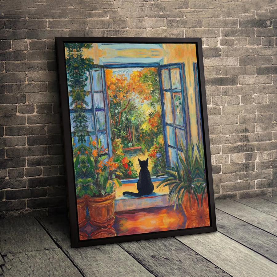 Black Cat Wall Art Canvas | Impressionist Garden Window View | Gallery Wrapped 1.25 Inch Profile | Premium Home Decor Gift for Cat Lovers