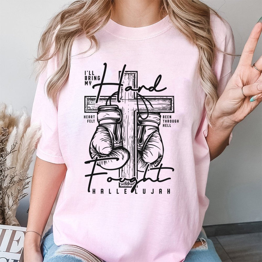 Hard Fought Hallelujah T-Shirt | Boxing Cross Religious Graphic | 100% Premium Cotton | Christian Faith Gift for Men and Women