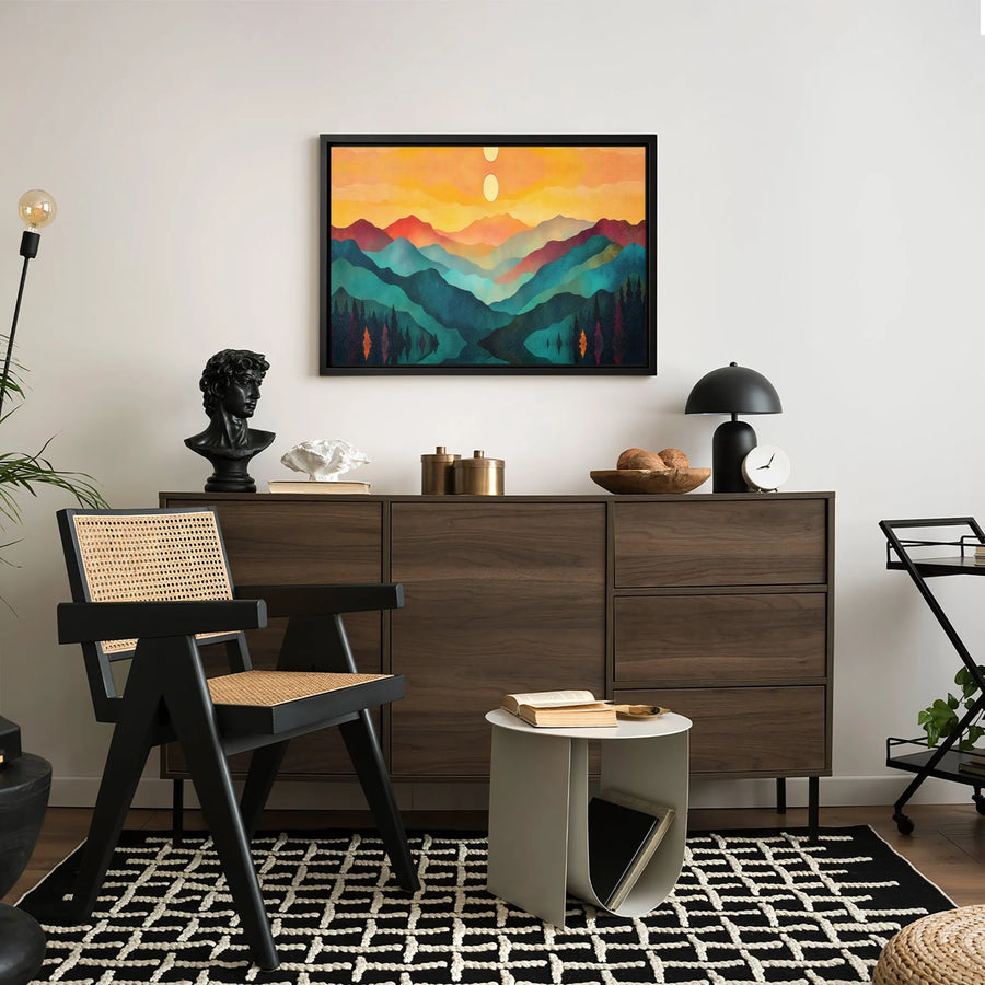 Abstract Mountain Landscape Canvas | Two Suns Forest Reflection Art | Premium Fade-Resistant Print | Modern Home & Office Wall Decor