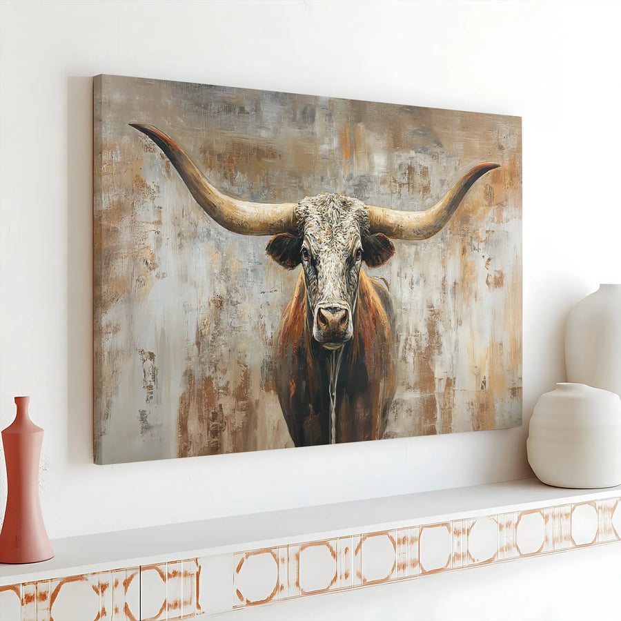 Texas Longhorn Bull Wall Art | Rustic Farmhouse Canvas Print | Premium Gallery Wrap Decor | Farmhouse Gift for Cattle Rancher