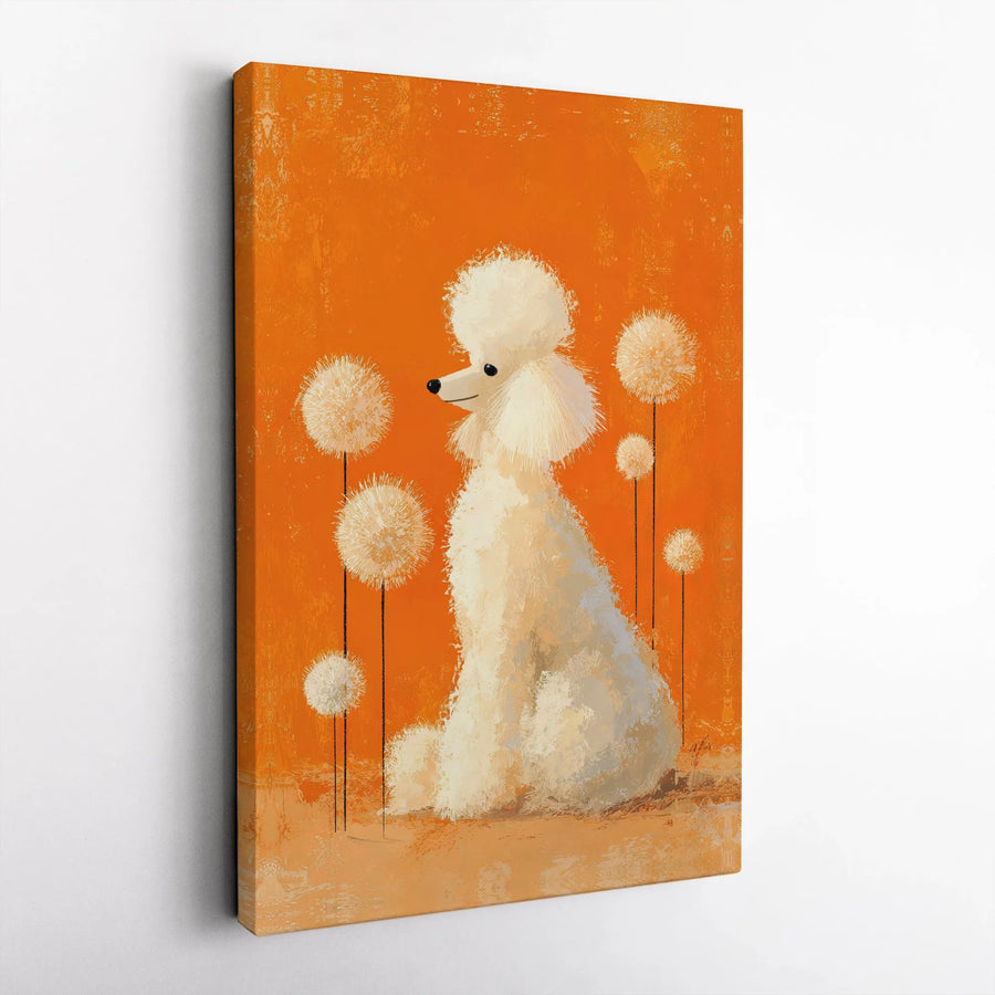 White Poodle Wall Art | Whimsical Dandelion Painting | Premium Gallery Canvas | Dog Lover Home Decor Gift