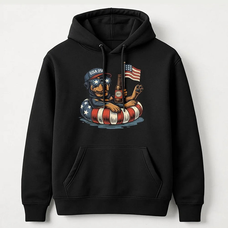 Patriotic Rottweiler Hoodie | Funny USA 250th Anniversary Dog Graphic | Premium Cotton Tee | Fourth of July Gift for Men