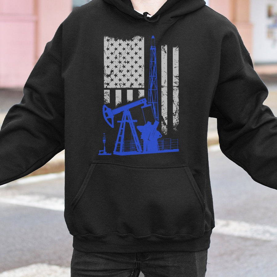 Oilfield Worker Hoodie | American Flag Oil Rig Graphic Design | Premium Cotton Blend | Patriotic Gift for Roughnecks and Energy Industry Professionals